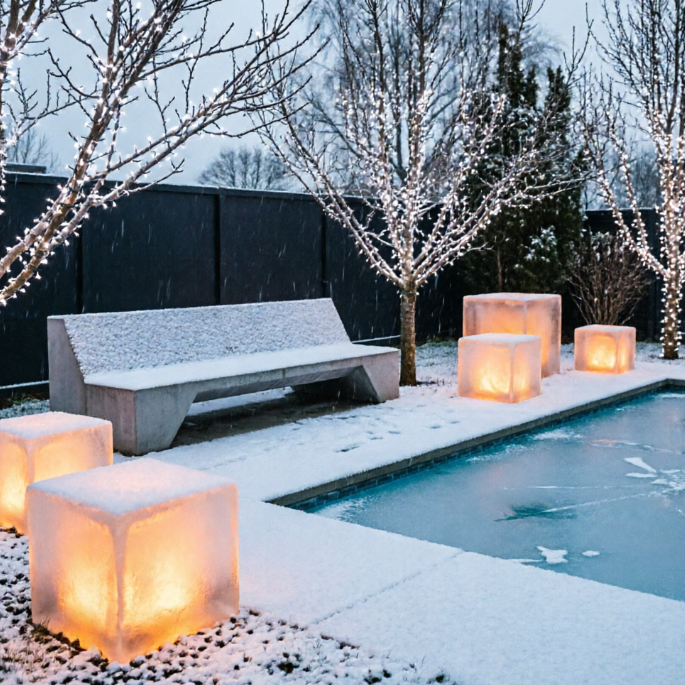 A 1:1 conceptual backyard with floating garden islands. Several circular white planters are suspended by thin, high-strength cables over a dark pool of water, each containing a different variety of colorful flowering plants. The backdrop is a high-contrast black slate wall with vertical light slits. The reflection in the water creates a perfectly balanced, surreal visual effect.
