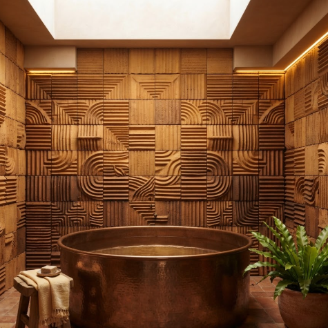 A 1:1 warm-toned bathroom with 3D-printed terracotta walls featuring complex rib patterns. A rounded copper bathtub sits on a terracotta tiled floor. The light is soft and diffused, highlighting the earthy textures.