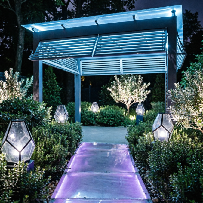 A 1:1 evening shot of a backyard designed with integrated smart lighting. The translucent resin pathways glow with a soft violet light. Geometric glass sculptures placed among the bushes act as lanterns. The centerpiece is a modern pergola with a motorized louvers roof, glowing with cool blue light. Every plant is backlit to create a dramatic, ethereal forest atmosphere.