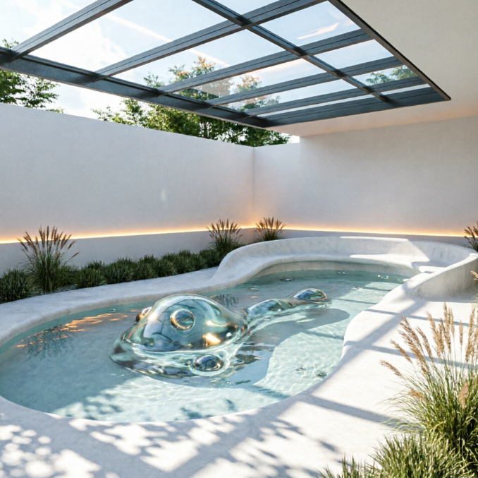 A 1:1 photorealistic rendering of a futuristic backyard centered around a fluid, amoeba-shaped infinity pool. The pool edges are made of seamless white Corian that curves upward to form integrated lounge seating. Sun-dappled water reflects a sleek, cantilevered glass roof. Surrounding the deck are manicured ornamental grasses and hidden LED strips emitting a soft amber glow at the base of the white walls.