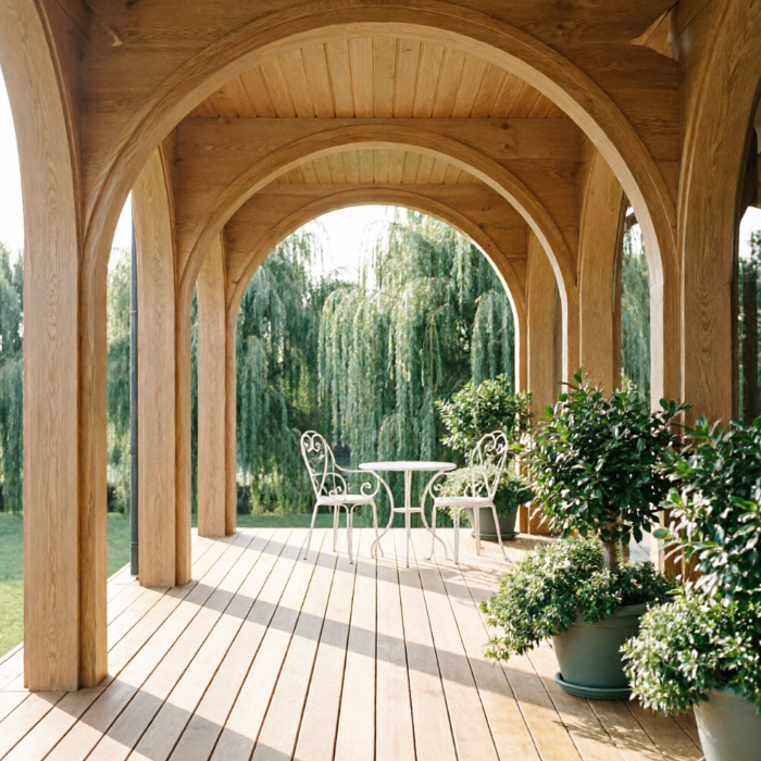 A 1:1 high-end architectural rendering of a covered patio featuring a series of elegant light-oak wooden arches. The perspective looks through the arches toward a row of weeping willow trees in the background. The floor is made of smooth light-colored wood planks. On the patio, a minimalist white iron bistro set sits in the soft morning sunlight. Lush green potted plants are arranged in the corner, casting delicate shadows.