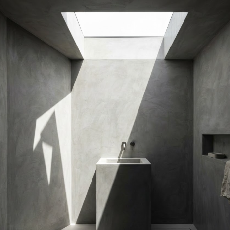 A 1:1 raw micro-cement bathroom interior focused on sharp angles and brutalist geometry. A massive rectangular skylight allows a single beam of light to hit a pedestal sink. The shadows create dramatic, contrasting shapes on the textured gray walls.