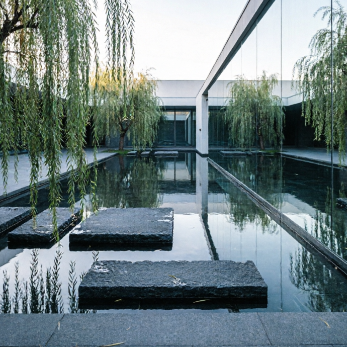 A 1:1 architectural rendering of a backyard focused on a large, still reflection pool. One side of the yard features a massive mirrored wall that reflects the pool and the surrounding weeping willow trees, making the space feel infinite. Stepping stones made of dark granite seem to float across the water surface. The design is stark, clean, and symmetrical, emphasizing a sense of calm.