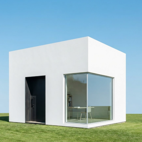 A 1:1 shot of a tiny, cubic white studio building in a grassy field. The building features a single oversized glass corner window. The entrance is a recessed black metal door. On the smooth white facade