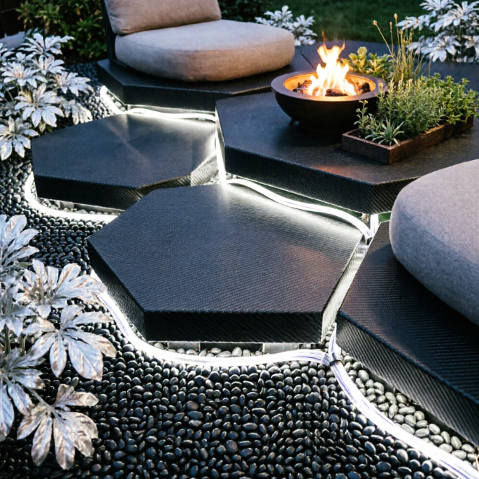 A 1:1 close-up view of a modular backyard system. Hexagonal deck platforms of varying heights are made of a carbon-fiber composite. Some modules contain soft seating, while others hold fire elements or miniature herb gardens. Integrated fiber-optic cables run between the modules, glowing white at night. The surrounding landscape is a mix of silver foliage and black pebbles.
