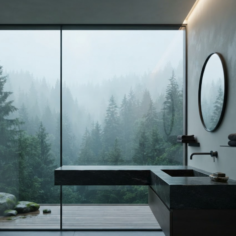 A 1:1 bathroom with floor-to-ceiling smart glass walls overlooking a misty pine forest. A dark charcoal stone vanity floats against the glass, reflecting the greenery. Minimalist matte black fixtures contrast with the natural surroundings