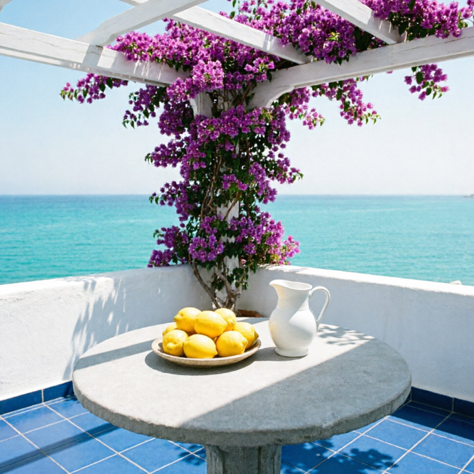 A 1:1 sun-drenched Mediterranean patio with whitewashed walls and vibrant blue-tiled floor patterns. A white wooden pergola is covered in purple bougainvillea vines. A circular stone table holds a plate of lemons and a ceramic pitcher. The view beyond the white railing is the turquoise Mediterranean Sea.