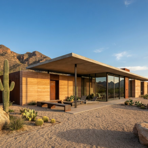 A 1:1 wide-angle exterior of a low-profile house in a desert landscape. The building is made of rammed earth and rusted Corten steel. A flat roof extends to provide shade over a gravel patio.