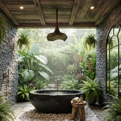 A 1:1 interior of a spa-like bathroom with one wall completely open to a tropical garden. A freestanding black volcanic stone bathtub sits on a bed of white pebbles. A rain showerhead hangs from a reclaimed wood ceiling.
