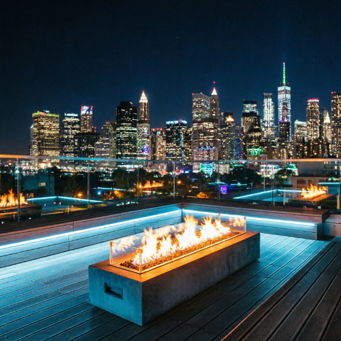 A 1:1 urban rooftop patio at night. The space is defined by sleek dark-grey composite decking and glass railings. A linear fire pit burns with orange flames in the center. Subtle neon blue strip lights run along the base of the built-in benches. The background is a stunning view of a city's skyscrapers with twinkling lights.
