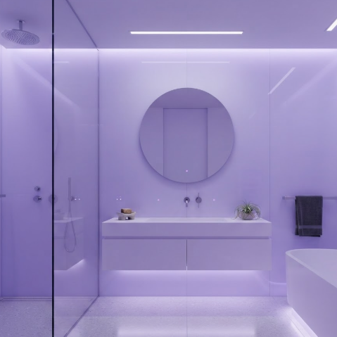 A 1:1 minimalist bathroom with semi-translucent resin walls that change color via smart sensors. Currently, the space is bathed in a soft violet hue. The fixtures are integrated into the walls for a seamless appearance.