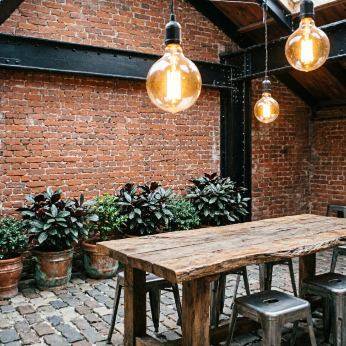 A 1:1 industrial-style loft patio with exposed red brick walls and black iron beams. Large Edison bulbs hang from the ceiling on thick black cords. A reclaimed wood table is paired with metal stools. A row of dark-leafed plants in weathered copper pots lines the edge. The floor is made of reclaimed cobblestones.