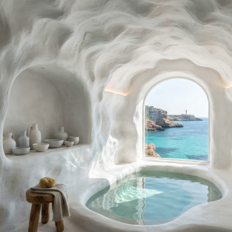 A 1:1 organic bathroom sculpted from white stucco, resembling a natural seaside cave. Arched niches hold minimalist ceramic vessels. A small pool-style tub is positioned to catch the turquoise reflection of the sea outside an arched window.
