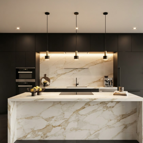 A 1:1 interior of a high-end kitchen. A massive kitchen island made of white Calacatta marble with gold veining is the centerpiece. Matte black cabinetry lines the back wall. Above the induction cooktop