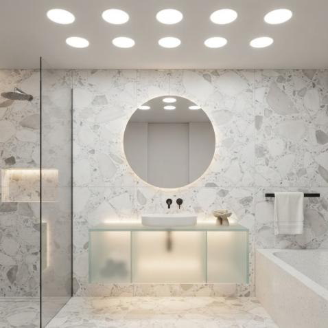 A 1:1 contemporary bathroom with oversized white terrazzo floor chips. The vanity is made of translucent frosted glass that glows from within. A circular halo light is recessed into the ceiling, creating perfectly even illumination.