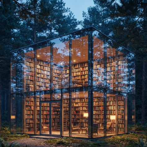 A 1:1 architectural rendering of a glass-walled library nestled in a forest. Floor-to-ceiling bookshelves are visible from the outside, filled with colorful books. The reflection of pine trees glimmers on the glass.