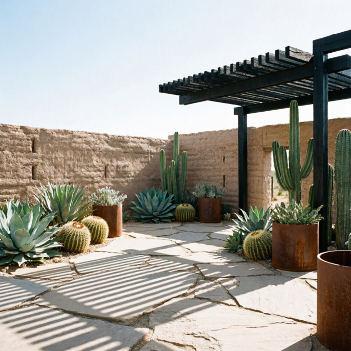 A 1:1 desert patio with rammed earth walls and rusted Corten steel planters. The flooring is made of large irregular flagstones. Architectural succulents and tall cacti are spaced artistically throughout the area. A minimalist shade structure made of black slats creates a rhythmic shadow pattern on the ground.