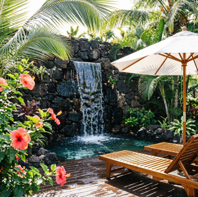 A 1:1 lush tropical patio featuring a dark volcanic rock wall with a built-in waterfall flowing into a small pool. Giant palm fronds and hibiscus flowers surround a wooden deck. A pair of luxury teak sun loungers with white umbrellas are positioned by the water. The air appears humid and the colors are vibrant.