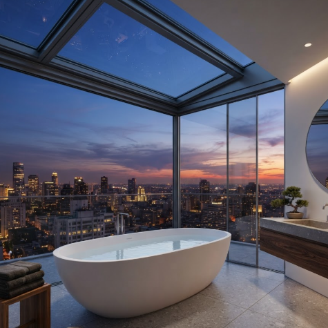 A 1:1 luxury penthouse bathroom where the ceiling is a fully retractable glass roof. An oversized white freestanding tub overlooks an urban skyline at twilight. The architectural lines are clean, focusing on the infinity view.