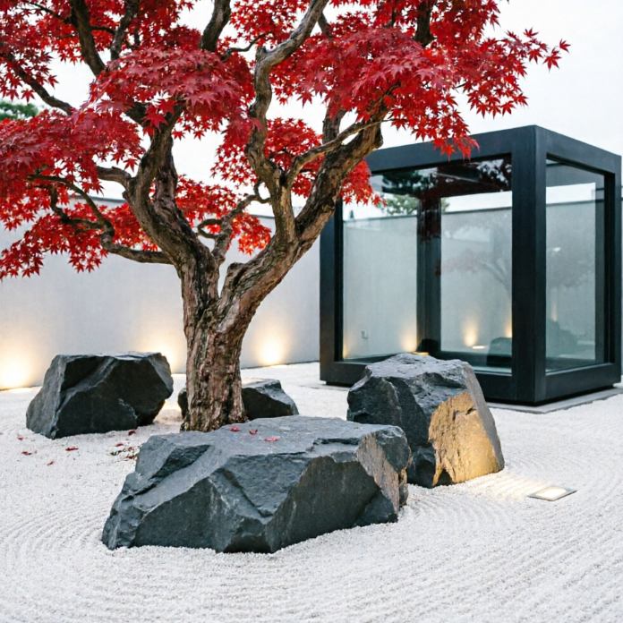 A 1:1 serene Zen backyard featuring large, geometrically cut basalt boulders arranged on a sea of fine white gravel with raked patterns. A minimalist dark steel and glass cube studio sits at the edge of the garden. A single, ancient Japanese maple tree with vibrant red leaves provides a focal point. The scene is illuminated by soft, recessed ground lights that highlight the texture of the rocks.
