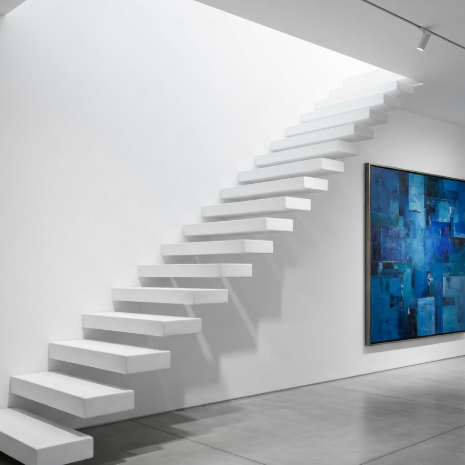 A 1:1 shot of a dramatic cantilevered white staircase in a contemporary art gallery. The stairs seem to float without visible support against a pristine white wall. A large abstract painting in shades of blue hangs nearby.