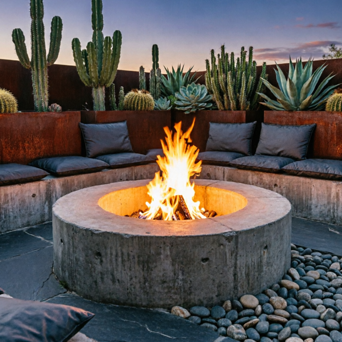 A 1:1 modern industrial backyard with a sunken circular fire-pit area made of raw concrete. The seating is lined with waterproof charcoal-colored cushions. A central gas fire burns bright orange against the twilight sky. Surrounding the pit are rusted Corten steel planters containing tall desert cacti and architectural succulents. The ground is a mix of dark gray slate and smooth river stones.