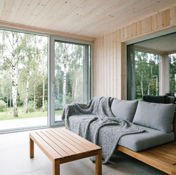 A 1:1 bright and airy Scandinavian patio with light ash-wood cladding on both the walls and ceiling. Simple grey outdoor sofas with thick knit throws are arranged around a low wooden coffee table. Large glass sliding doors reflect the surrounding silver birch forest. The lighting is natural and diffuse.