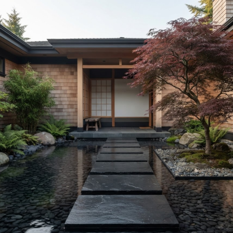 A 1:1 square shot of a Zen-inspired house entrance. A large, dark slate stepping stone path leads through a shallow water feature filled with black river stones. A single Japanese maple tree stands to the side. On a floating concrete slab near the wooden door