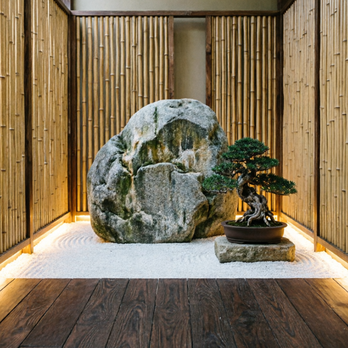 A 1:1 Zen-style veranda featuring dark Hinoki wood decking and bamboo privacy screens. A large natural granite boulder sits as a focal point in a bed of white raked gravel. A single bonsai tree is placed on a low stone pedestal. The soft glow of hidden warm LED lights illuminates the path. The atmosphere is quiet and balanced.