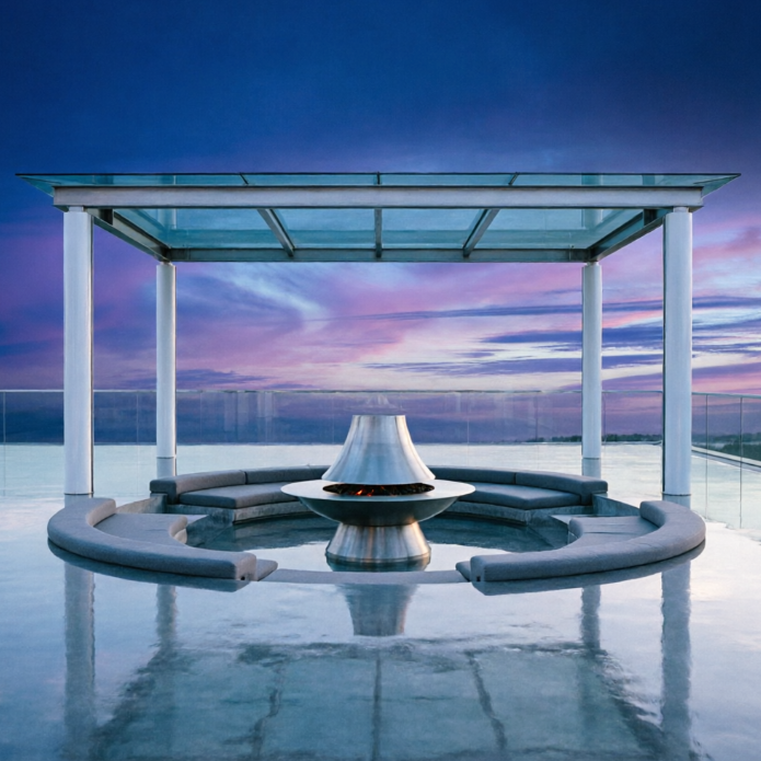 A 1:1 futuristic patio design with a cantilevered glass roof supported by sleek white metallic pillars. The floor is reflective polished concrete. A circular sunken seating area features built-in grey upholstered cushions. In the center of the patio is a sculptural fire pit made of brushed steel. The background shows a twilight sky with a gradient of deep blue and purple.