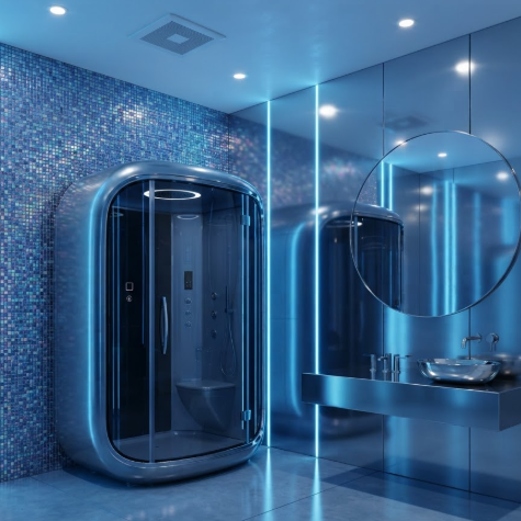 A 1:1 high-tech bathroom with polished chrome surfaces and iridescent tiled walls. A sleek, capsule-shaped smart shower pod sits in the corner. The lighting consists of thin, vertical blue neon strips reflected in the metallic finishes