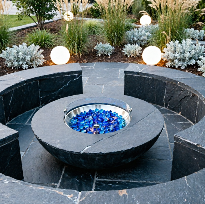 A 1:1 contemporary backyard patio with a large sunken circular seating area made of dark slate. A gas-powered fire pit with blue glass stones is in the center. The surrounding garden is minimalist, with ornamental grasses and silver-foliaged shrubs. The lighting is provided by spherical white floor lamps scattered in the landscape.
