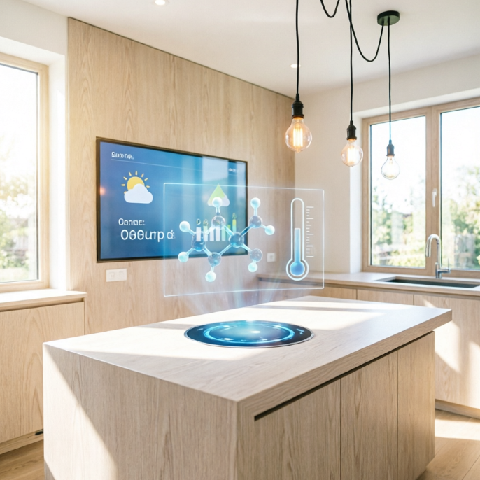 A 1:1 bright, airy kitchen with white ash wood surfaces. A large, borderless smart screen is seamlessly integrated into the backsplash, showing icon-based weather and energy usage data (icons only, no words). Sunlight streams through a window, highlighting the fine wood grain and matte finishes. No people, no text.