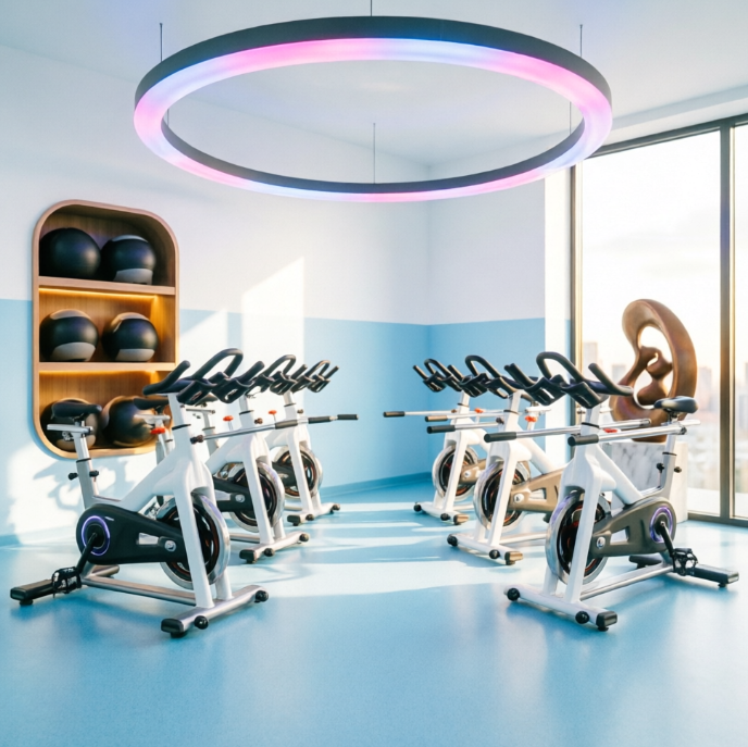 A 1:1 bright, sterile-style gym for rehabilitation. The walls are pristine white with soft blue accents. Ergonomic balance bars and adjustable resistance machines are finished in brushed silver and soft-touch white plastic. The floor is a soft-blue anti-slip medical linoleum. The space is filled with soft, shadowless daylight.