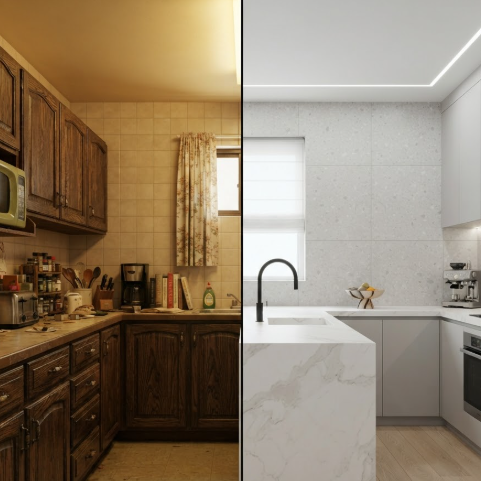 A 1:1 split-screen architectural visualization. The left half shows a dated 1980s kitchen with dark oak cabinets and cluttered countertops. The right half shows a modern minimalist kitchen with seamless white marble islands and matte black fixtures. A glowing vertical laser line sits in the middle, appearing to "scan" and transform the space. The lighting shifts from warm yellow to cool daylight.