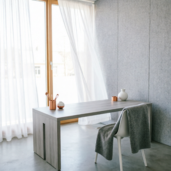 A 1:1 bright, airy Scandinavian office. A light ash-wood desk sits in front of a window with semi-transparent white curtains fluttering in a breeze. A white designer chair features a grey wool throw. Minimalist desk a
