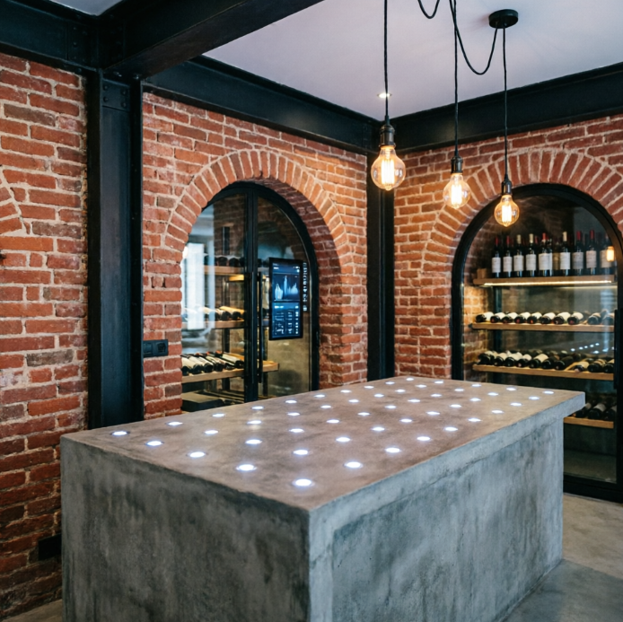 A 1:1 kitchen design featuring raw red brick walls and exposed matte black steel beams. A smart glass-fronted wine cellar is built into a brick arch. The countertops are thick poured concrete with embedded fiber-optic lights that sparkle like stars. Vintage-style Edison bulbs hang from the ceiling on smart-adjusting cables. No people, no text.