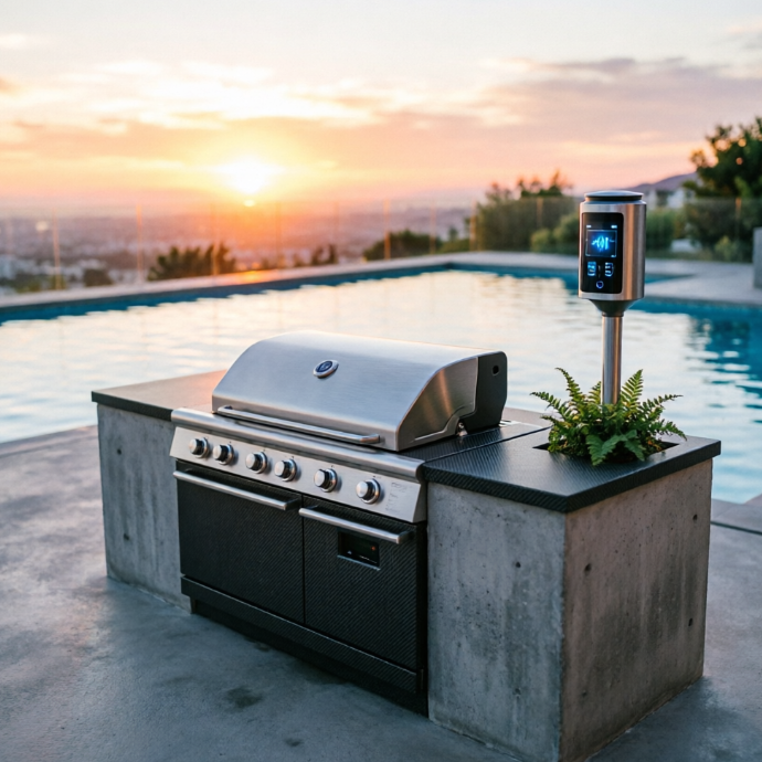 A 1:1 outdoor smart kitchen built into a grey concrete patio. The grill and prep areas are protected by a retractable brushed-metal lid. A smart environmental sensor tower is integrated into a planter. The background is a blurred sunset over a modern pool. The surfaces are weather-resistant carbon fiber and concrete. No people, no text.