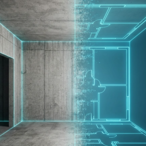 A high-resolution 1:1 image showing a raw concrete room being scanned into a 2D floor plan. One half of the image features realistic grey concrete walls, while the other half dissolves into a clean, glowing cyan 2D blueprint. Thin digital laser lines trace the edges of the floor and walls. No people, no text.