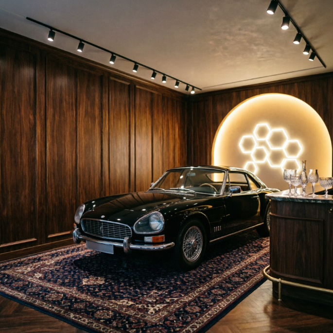 1:1 ratio. A Mediterranean-style garage fully open to the sea. White arched structures support the ceiling, with deep blue ocean and white sandy beaches outside. The floor is laid with pale blue vintage tiles, and bright sunlight shines on a white vintage convertible inside. No people, no text.