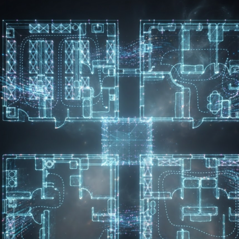 A 1:1 abstract visualization of the AI "thinking" process. A 2D room plan is partially constructed out of a glowing 3D-effect grid. The intersections of the lines feature small, sparkling nodes of data. The background is a gradient of deep charcoal and black, highlighting the light of the digital architecture. No people, no text.