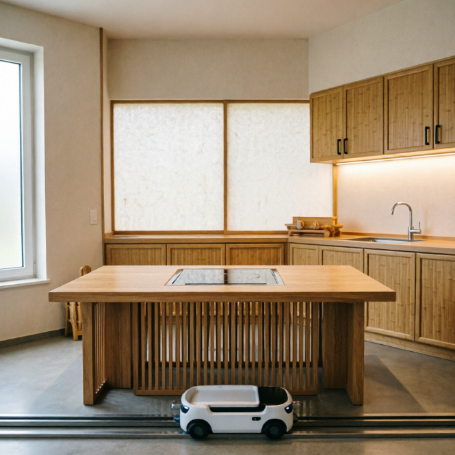 A 1:1 serene Zen kitchen with bamboo cabinetry and paper-textured glass panels. A central Hinoki wood table features a built-in induction warmer. A small robotic tray carrier is positioned on a floor-level track, hidden behind a wooden slat. The design is balanced, symmetry-focused, and incredibly quiet. No people, no text.