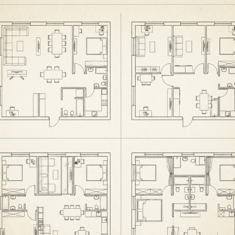 A 1:1 grid featuring four variations of the same apartment floor plan generated by AI. Each quadrant shows a different furniture arrangement and partition strategy—one open-plan, one with multiple rooms, etc. The style is clean, using thin black lines on a textured off-white paper background. No people, no text.
