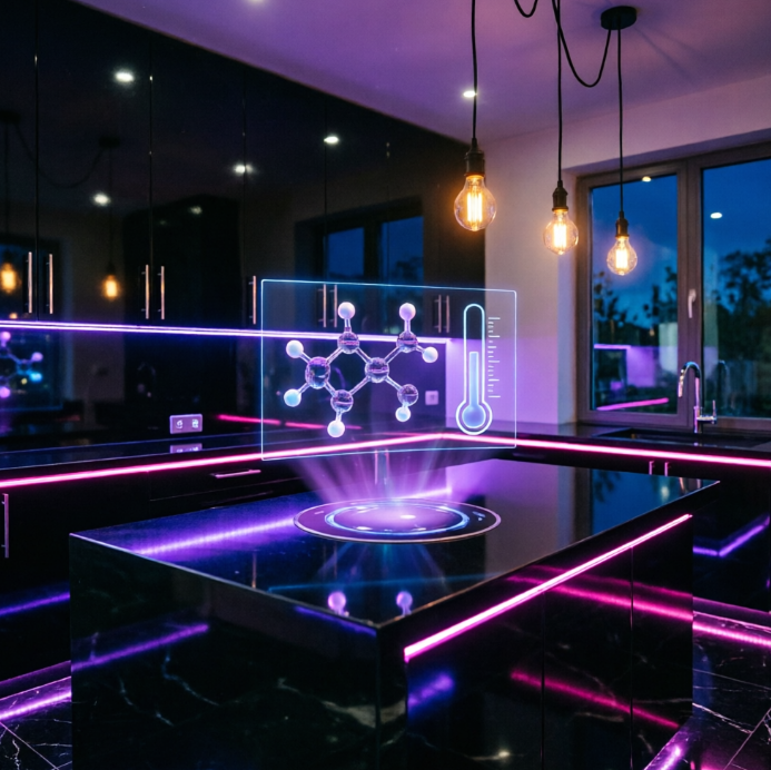 A 1:1 nighttime kitchen scene with high-gloss black surfaces. Neon purple and hot pink LED strips run along the recessed handles of the cabinets and the base of the island. The reflection of the neon lights creates a mirror-like effect on the polished obsidian floor. Hidden smart panels emit a soft violet glow. No people, no text.