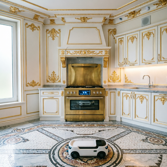A 1:1 neoclassical kitchen with ornate white moldings and gold-leaf accents. Hidden within the traditional crown molding are high-tech motion sensors and discrete speakers. A vintage-style stove features a modern touchscreen interface hidden behind a brass panel. The floor is an intricate marble mosaic. No people, no text.