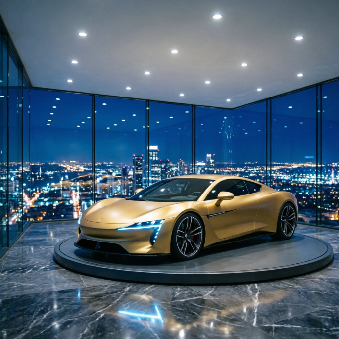 1:1 ratio. A full glass-walled garage located on a skyscraper penthouse. Outside is a deep blue city night view with sparkling lights. The interior floor is dark grey marble, with a matte gold supercar on a central rotating platform. Hidden spotlights on the ceiling precisely outline the car's contours. No people, no text.