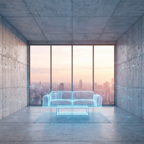 A 1:1 image of an empty, raw concrete living room. Above the floor, a semi-transparent blue holographic sofa, coffee table, and rug are perfectly aligned. Floating geometric nodes and grid lines connect the furniture to the walls, indicating AI spatial calculation. The background features a large window with a soft sunset glow.