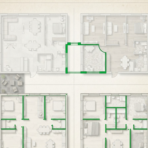 A 1:1 architectural drawing showing a renovation plan. A base layer of faded grey lines represents the existing walls, while bold, vibrant green lines indicate AI-proposed new partitions and an expanded living area. Small circular nodes indicate where walls have been removed. No people, no text.