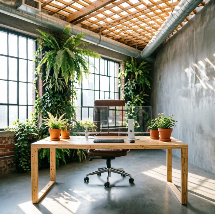 A 1:1 detailed shot of a nature-integrated workspace. A light birchwood desk is surrounded by a vertical living garden wall filled with ferns and vines. Dappled sunlight filters through overhead wooden slats. The desk features a built-in clay planter and a minimalist glass computer setup. The atmosphere is organic and fresh. No people, no text.