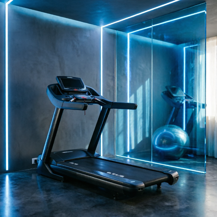 A 1:1 rendering of a high-tech gym corner. A sleek, matte black treadmill with carbon fiber accents is positioned on a dark polished concrete floor. Linear blue LED strips are recessed into the charcoal grey walls and ceiling, creating a sense of speed and depth. A futuristic glass partition reflects the cool blue glow.